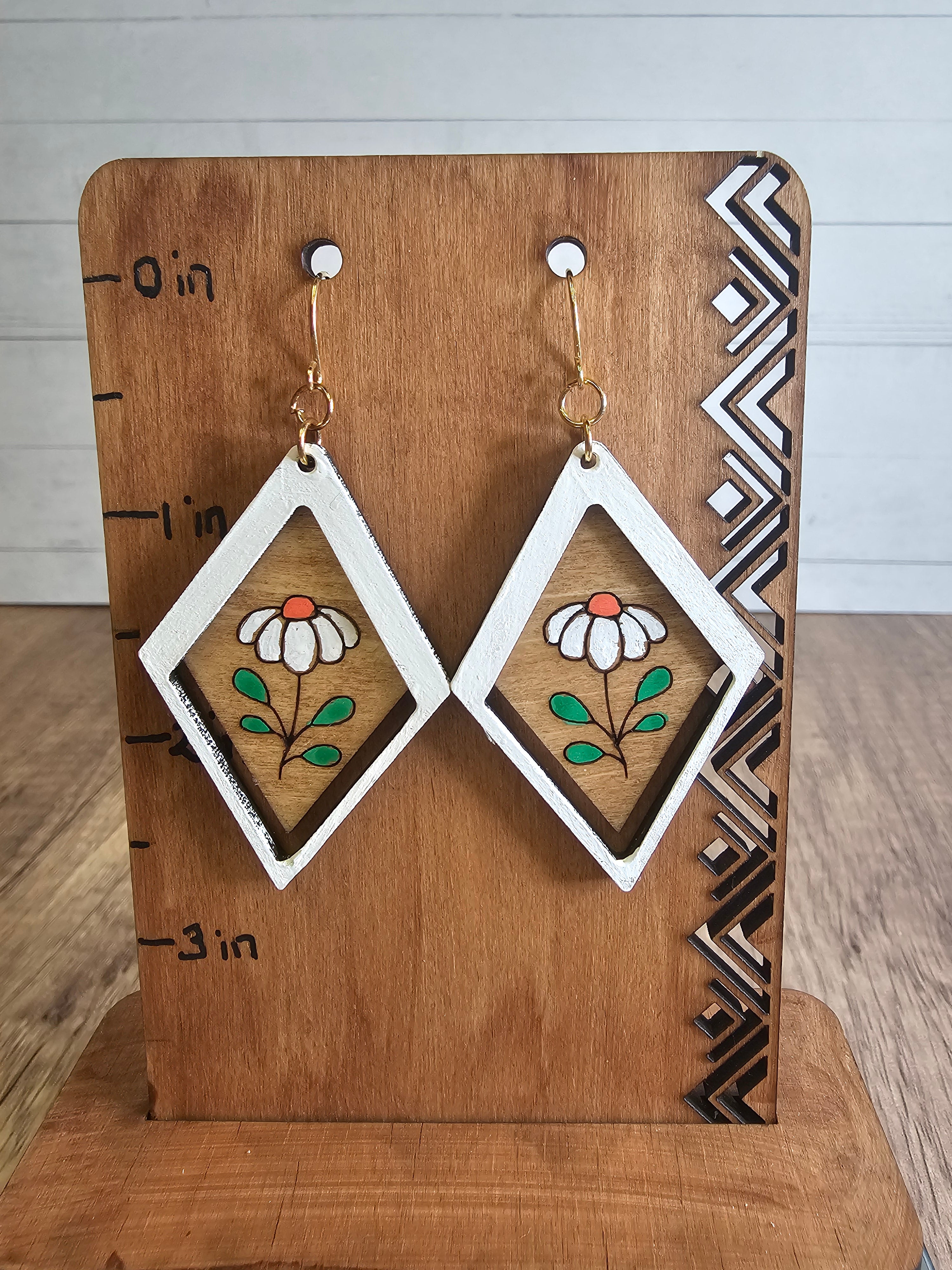 Wooden Diamond Shaped Flower Earrings
